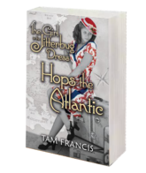 Click to buy in new tab: Book cover with black and white image of woman dressed in vintage clothes with red and blue highlights and text "The Girl in the Jitterbug Dress Hops the Atlantic"