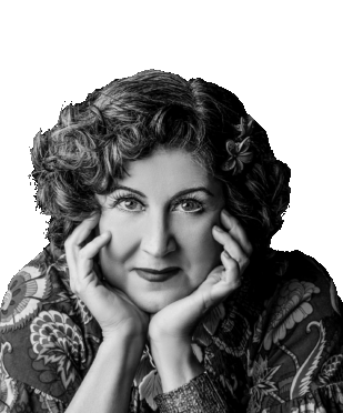 Black and white photo of Author Tam Francis, with curly short dark hair, resting face in hands